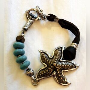 Starfish Bracelet Turquoise Stones Toggle Adjustable Nautical Ocean Leather